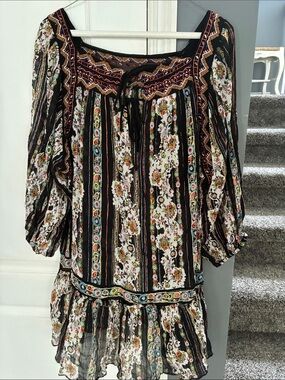 Women's Black Floral Stripe Mini Dress with Embroidered Yoke